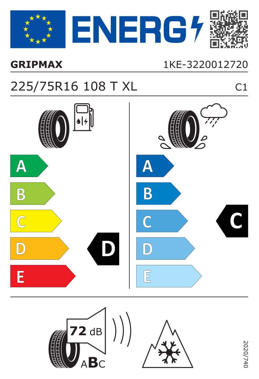 etykieta oponiarska dla Gripmax INCEPTION A/T XL RWL 225/75 R16 108T