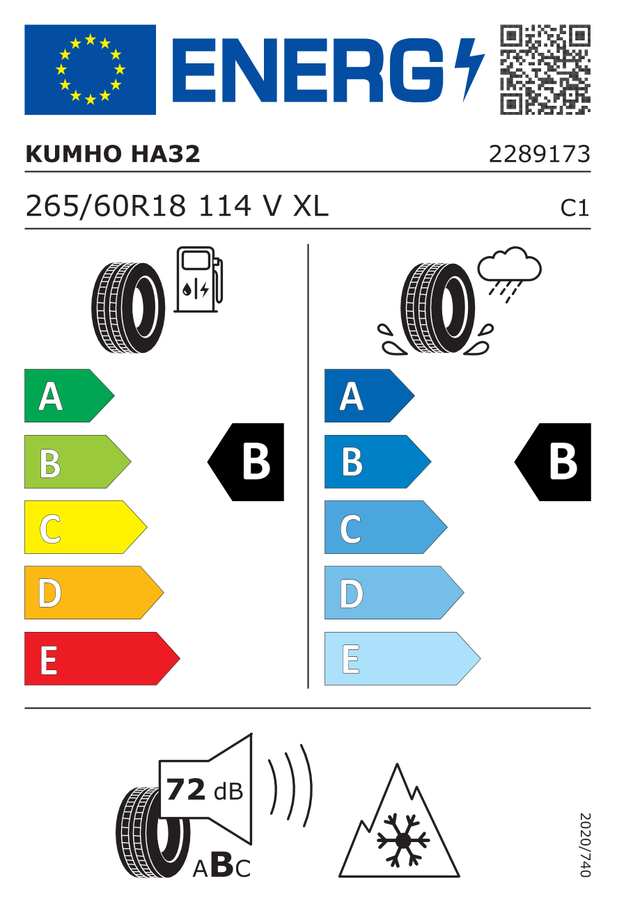etykieta oponiarska dla Kumho Solus 4S HA32 SUV XL 265/60 R18 114V