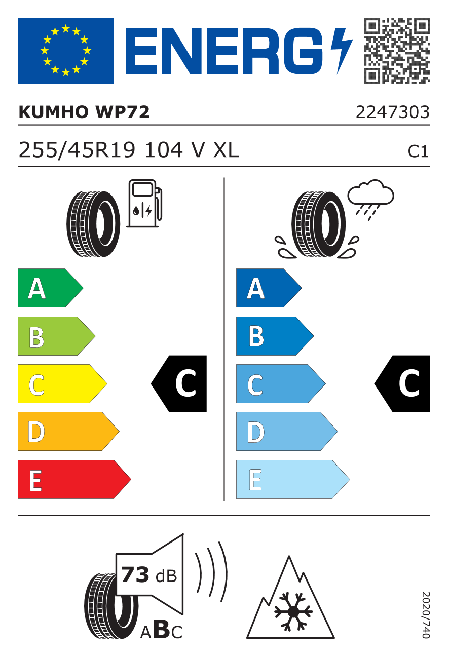 etykieta oponiarska dla Kumho WP72 XL 255/45 R19 104V