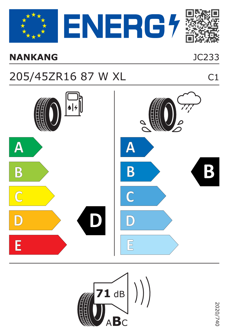 etykieta oponiarska dla Nankang Sportnex NS-2R XL FP 205/45 R16 87W