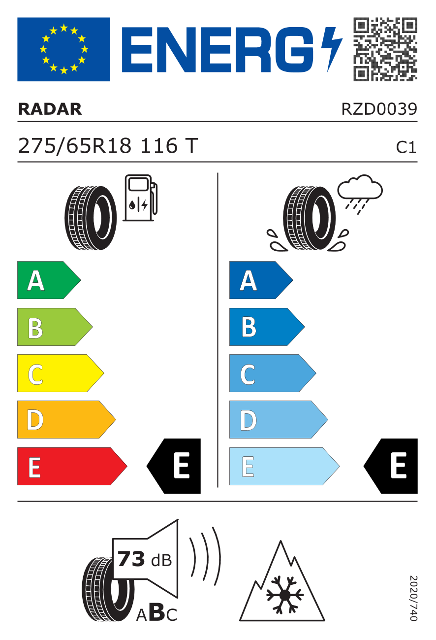 etykieta oponiarska dla Radar RENEGADE AT-5 275/65 R18 116T
