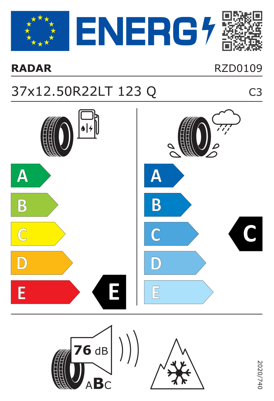 etykieta oponiarska dla Radar RENEGADE AT-5 37X12.500 R22 123Q