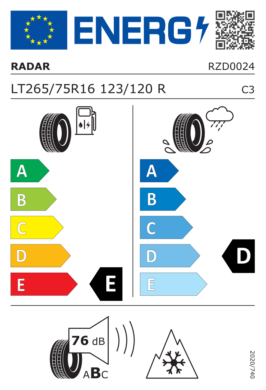 etykieta oponiarska dla Radar RENEGADE AT-5 265/75 R16 123/120R