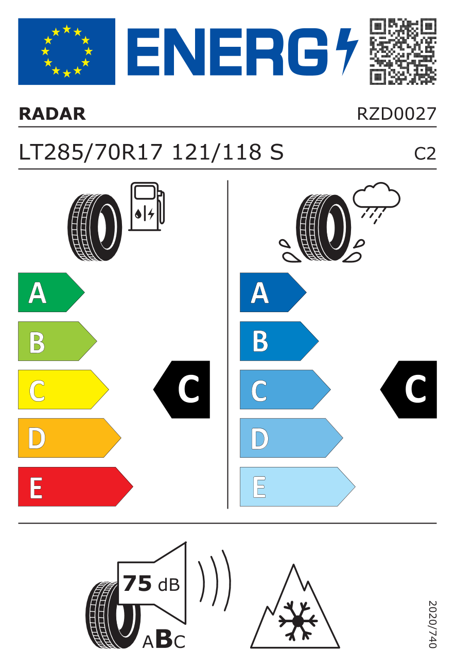 etykieta oponiarska dla Radar RENEGADE AT-5 285/70 R17 121/118S