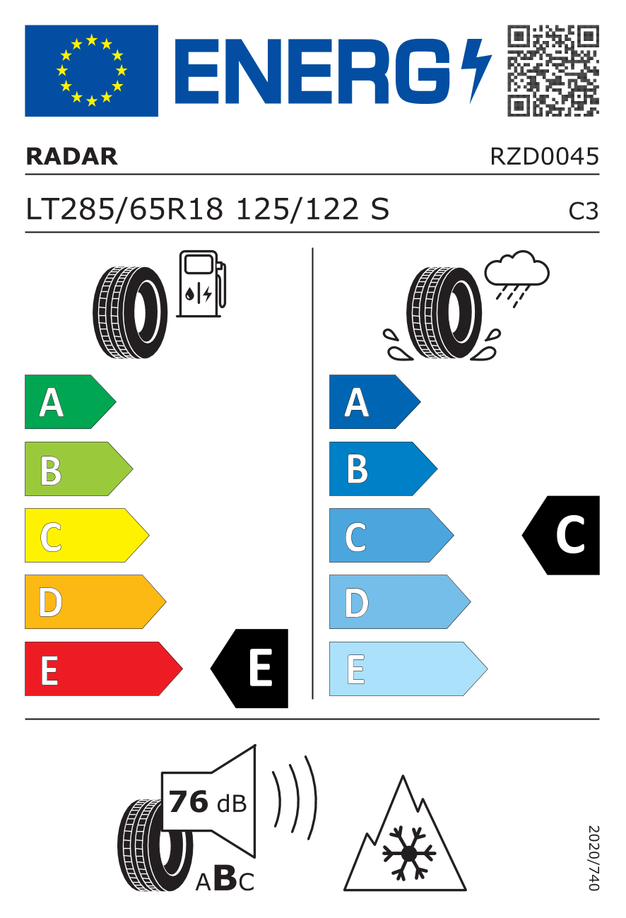 etykieta oponiarska dla Radar RENEGADE AT-5 285/65 R18 125/122S